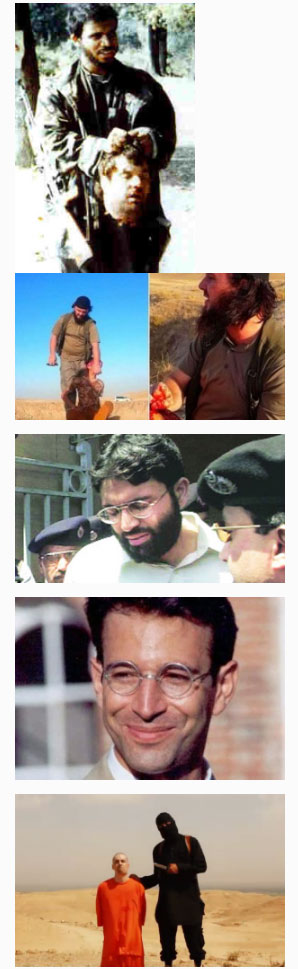 Top to bottom: Bosnian jihadi with the head of a decapitated Serb prisoner, circa 1993; Kosovo jihadi Lavdrim Muhaxheri beheading a captive in Iraq, July 2014; Bosnian jihad veteran Omar Saeed Sheik, participant in the murder/beheading of Wall Street Journal reporter Daniel Pearl; American photojournalist James Foley.