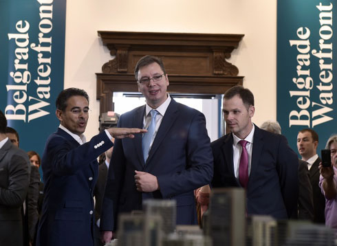 Serbian Prime Minister Aleksandar Vucic presents the Emirati funded 'Belgrade on Water' project (AFP)
