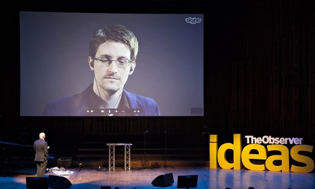 John Naughton interviews Edward Snowden via Skype at the Observer Festival of Ideas Photograph: Alicia Canter For The Guardian for the Guardian