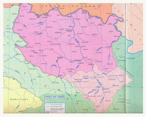 Карта Србије из 1878.године Српски народ је у време догађаја о којим говоримо био подељен на неколико црквених организација: -у ослобођеној Србији је била аутокефална Српска црква у Србији, -изнад реке Саве, у тадашњој Аустроугарској Карловачка митрополија која је за поглавара имала патријарха у Сремским Карловцима, -у Босни и Херцеговини и јужним деловима под турском влашћу Срби су припадали Васељенској патријаршији,-у Црној Гори су због нередовног стања архијереји били су хиротонисани од Карловачког митрополита, или, од руских архијереја, -Беч је створио и једну чудну црквену организацију, у складу са својом политиком ометања православних: српско-румунско-русинску митрополију са седиштем у Бечу. Овој митрополији припадали су православни у Далмацији и Боки.