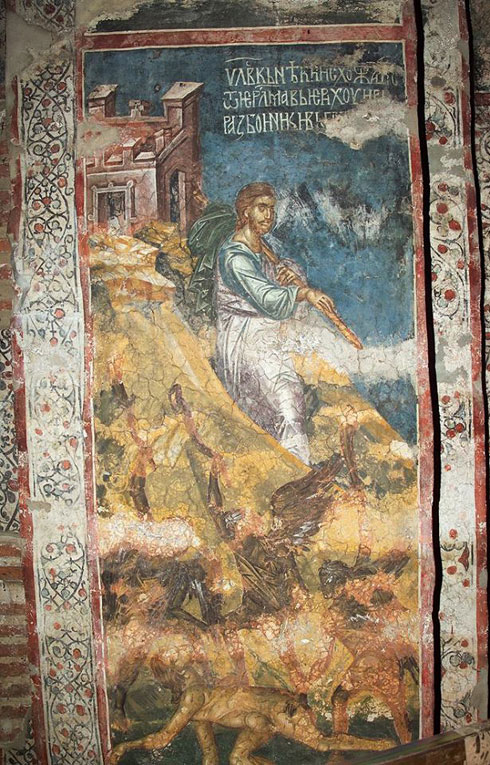 Парабола О добром Самарјанину, фреска у манастиру Дечани, прва половина 14. века. Тумачење приче је овде потпуно символичко. Разбојници су заправо демони који пљачкају и повређују човека на његовом животном путу, а добри Самарјанин - сам Христос.