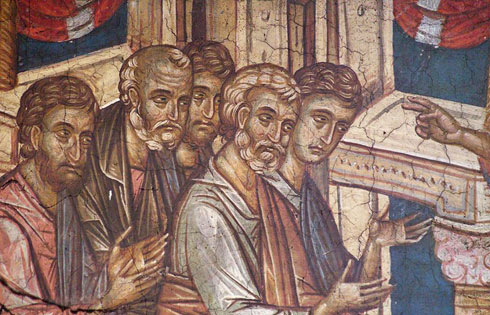 Васкрсли Христос се јавља ученицима иза затворених врата, детаљ фреске у манастиру Дечани, средина 14. века