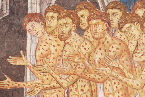 Исцељење десеторице губавих, фреска у српском манастиру Дечани, средина 14. века. Детаљ