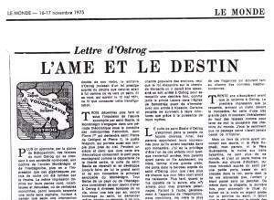 Факсимил „Писма из Острога“ Комнена Бећировића у „Монду“ од 16/17. новембра 1975.