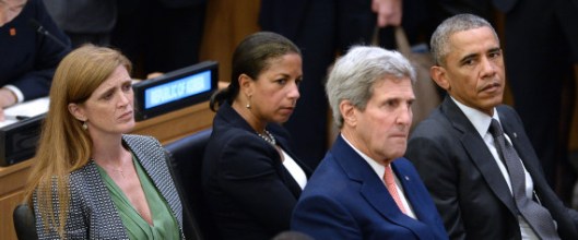 С лева на десно: амбасадор при УН Саманта Пауер, саветник за националну безбедност Сузан Рајс, државни секретар Џон Кери и председник САД Барак Обама (25. септембар, Њујорк, фото АФП)