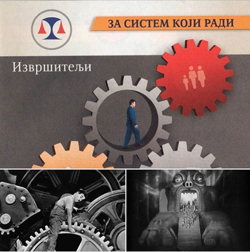 Горе: брошура извршитеља; доле лево Чаплинова "Модерна времена; доле десно Лангов "Метрополис"