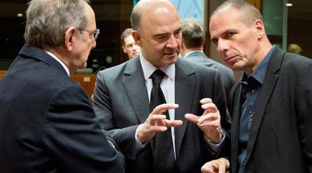 Састанак министара финансија еврозоне: Pier Carlo Padoan, Pierre Moscovici, Yanis Varoufakis (Брисел, 10. 3. 2015)