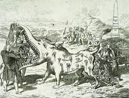 Илустрација из једног анти-вакцинационог летка из 1807. г. У тексту стоји и ово: „Ово чудовиште зову вакцинацијом, а његово све веће пустошење људске расе је ужасавајуће и забрињавајуће“ (Извор: National Institutes of Health)