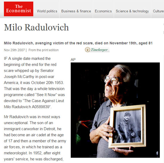 Чланак у лондонском Економисту на вест о смрти Мила Радуловића