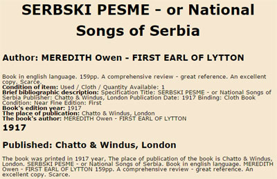 „Sеrbski pesmi or National songs of Serbia” - оглас за продају антикварног издања