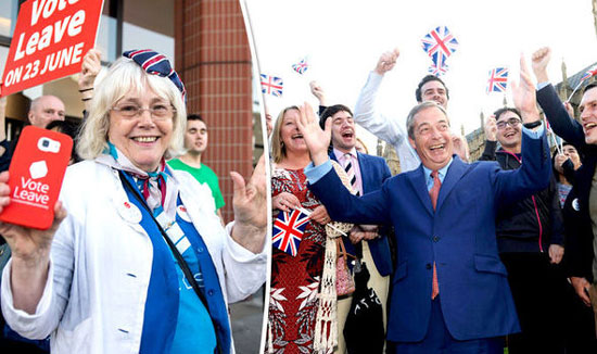 Славље присталица изласка Британије из ЕУ, десно Најџел Фериџ