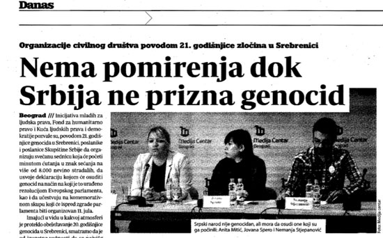 „Нема помирења без признања геноцида у Сребреници” (Данас, 11. јун 2016)