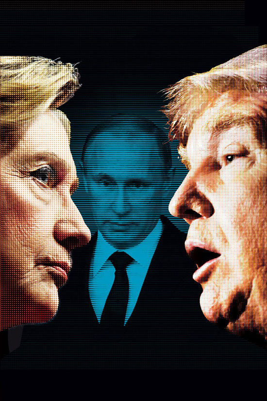 Хилари Клинтон и Доналд Трамп, у позадини Владимир Путин