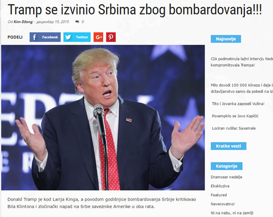 Трампово претходно "извињење" Србима (Извор: сатирични сајт Zicer.org)