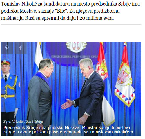 Блиц: Руси спремни да уложе 20 милиона долара у Николићеву кандидатуру